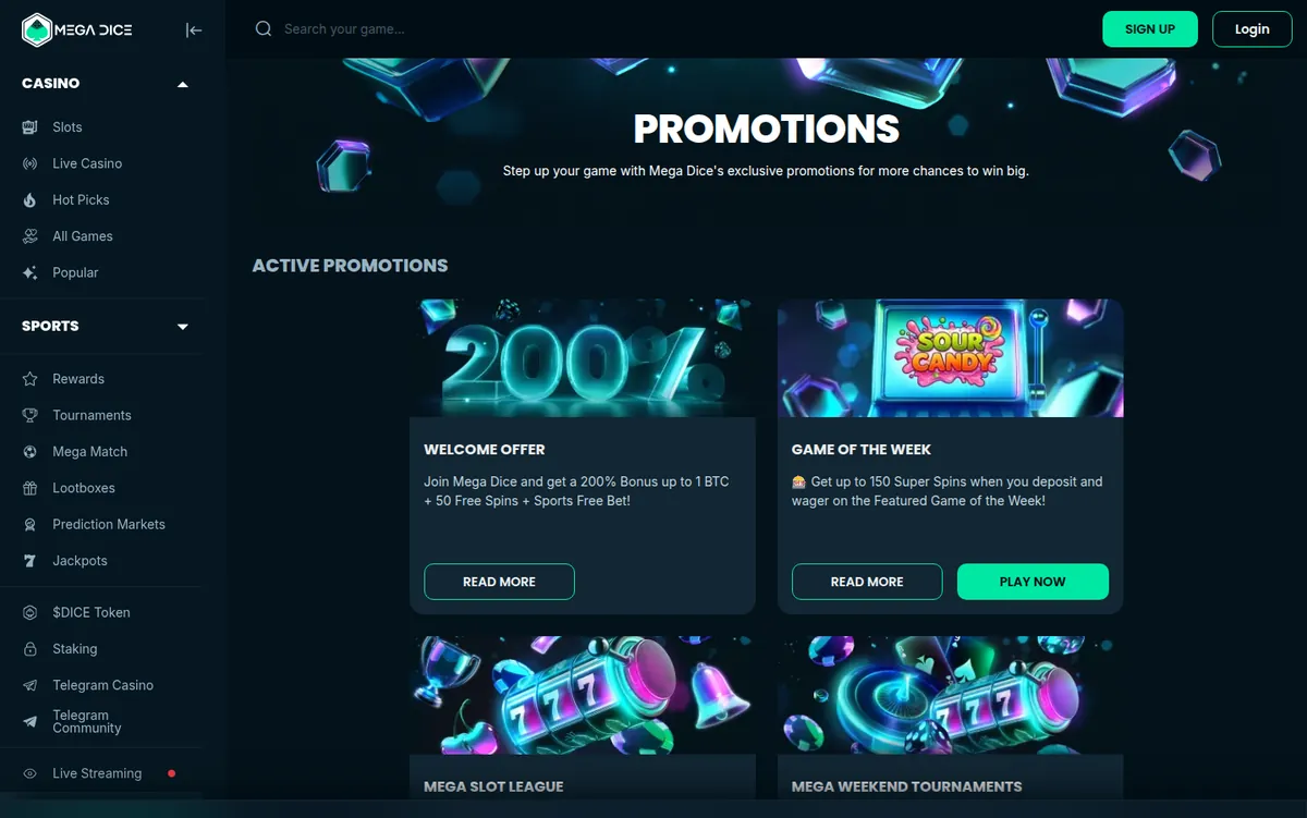 Mega Dice promotions page with a 200% welcome offer up to 1 BTC plus 50 free spins and a sports free bet