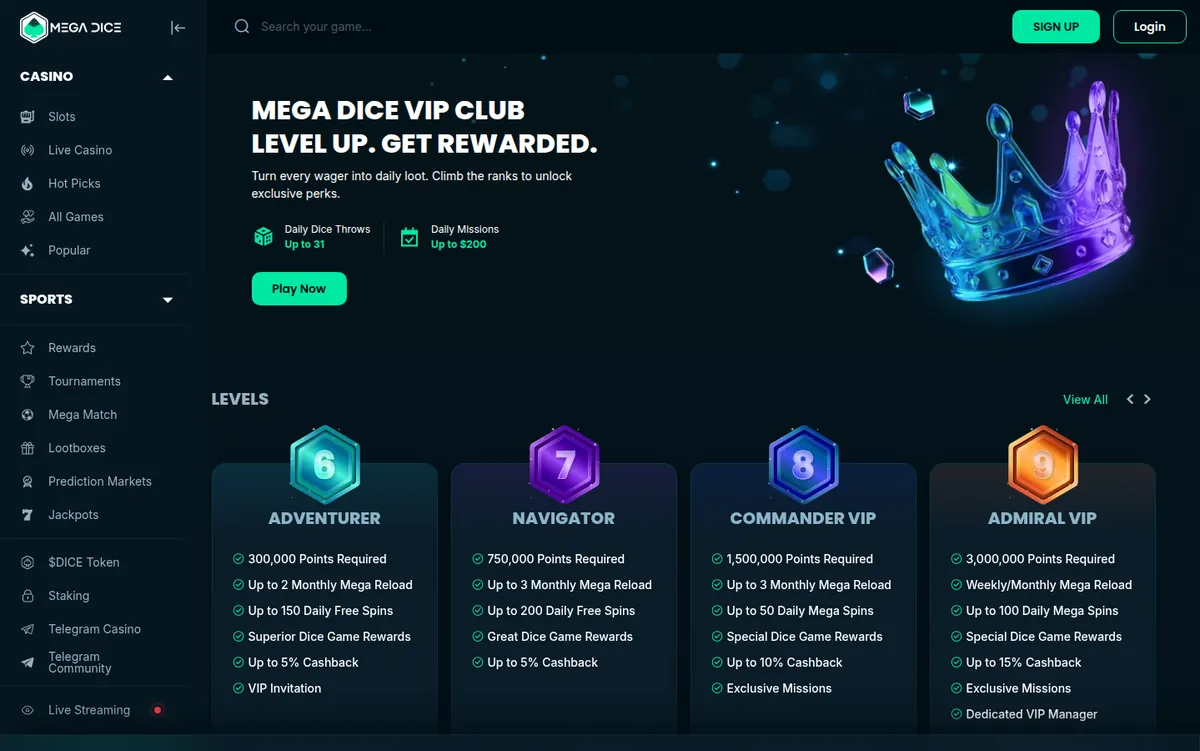 Mega Dice VIP Club page showing levels from Adventurer to Admiral VIP with cashback of up to 15%