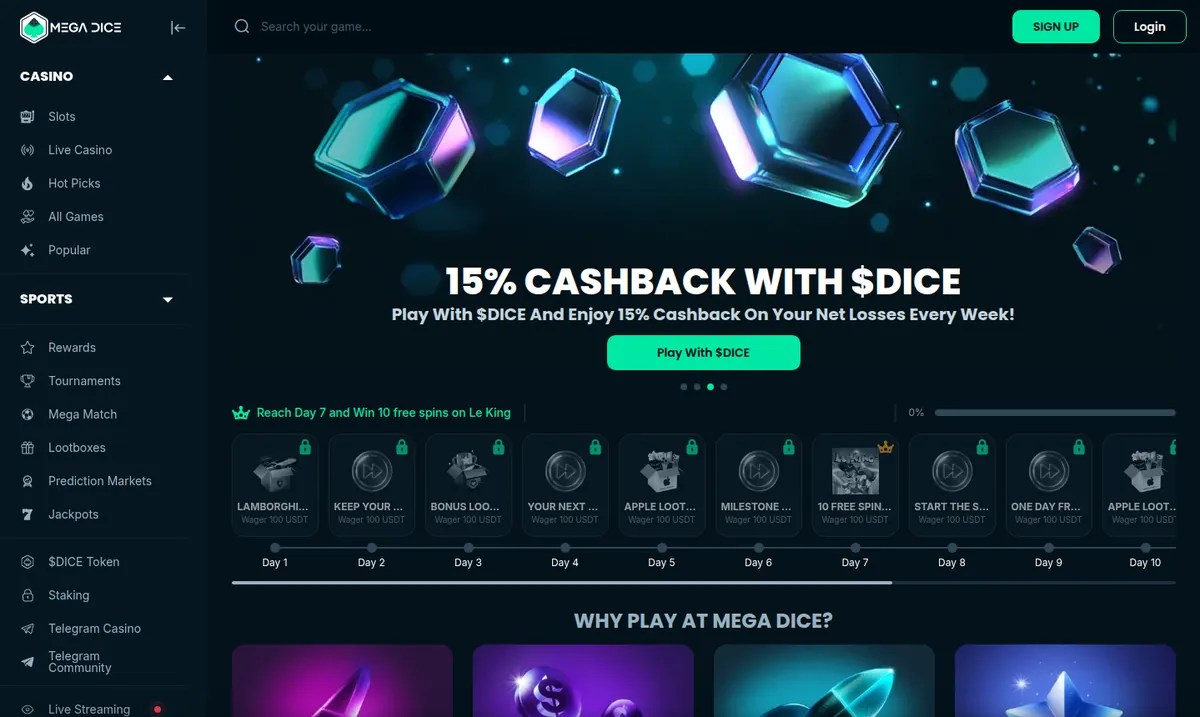 Mega Dice front page with a 15% cashback banner for playing with its $DICE token and a ten-day rewards track