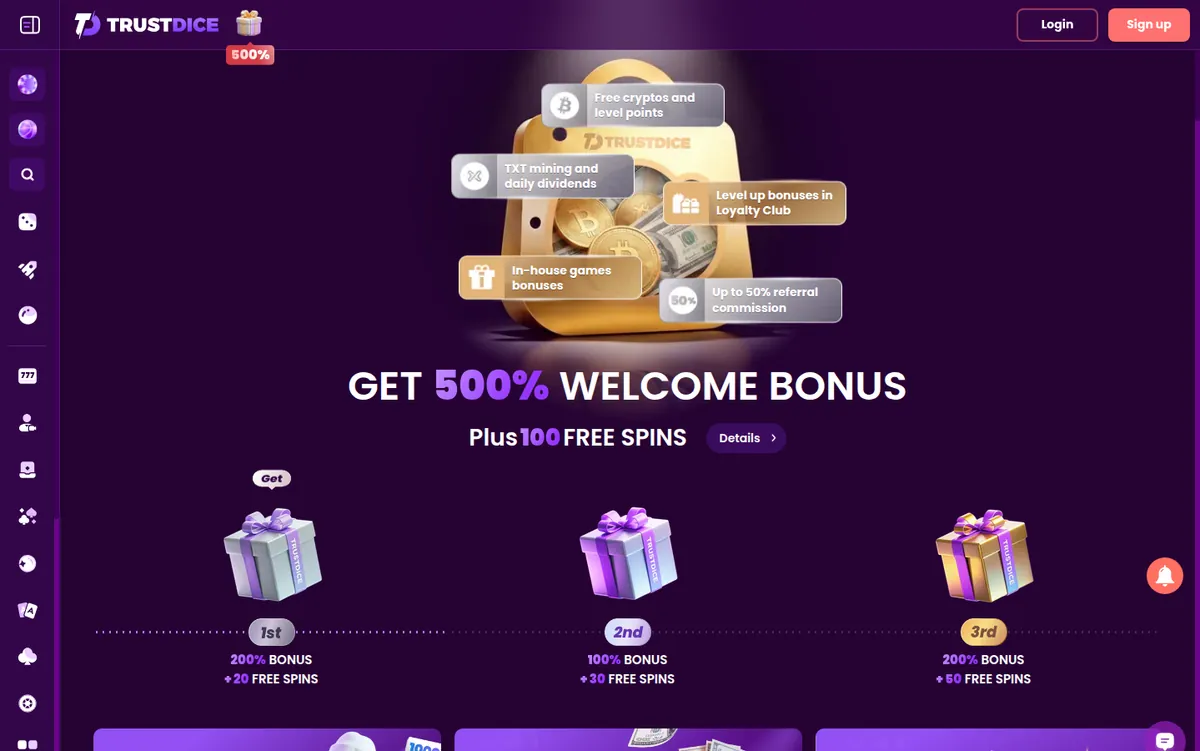 TrustDice bonus page splitting the 500% welcome offer into 200%, 100% and 200% across three deposits