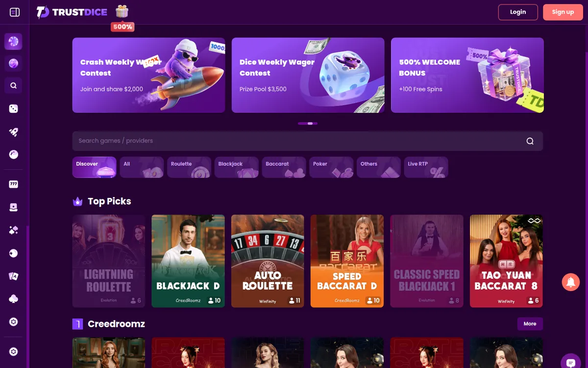 TrustDice live casino lobby with roulette, blackjack and baccarat tables from Evolution, CreedRoomz and Winfinity