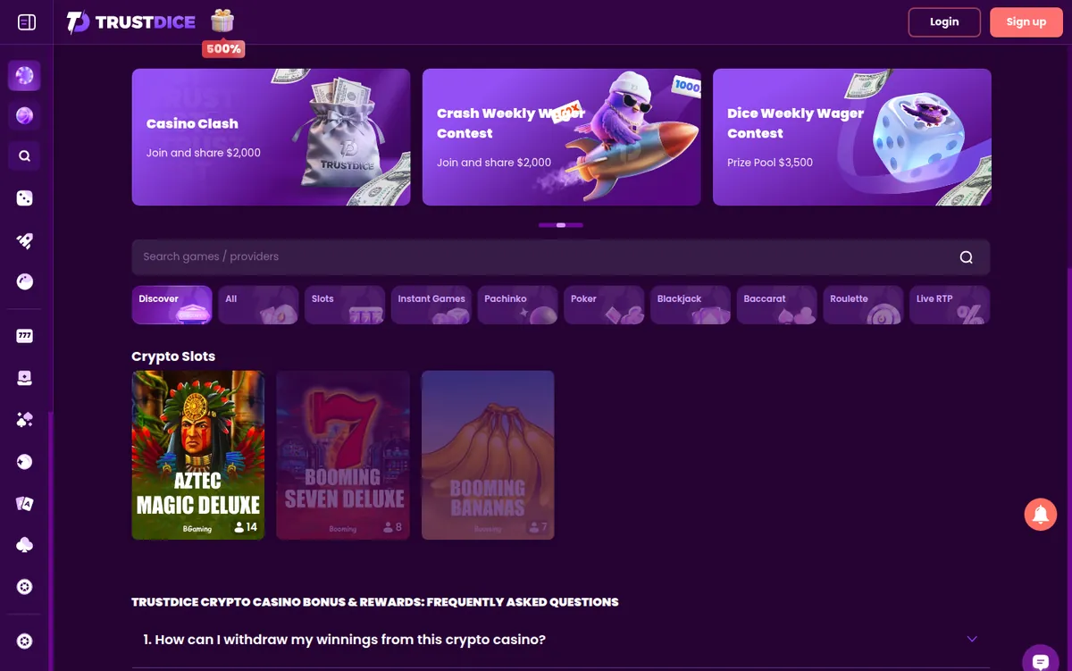TrustDice slots lobby with category filters from slots and instant games to pachinko and a Live RTP tab