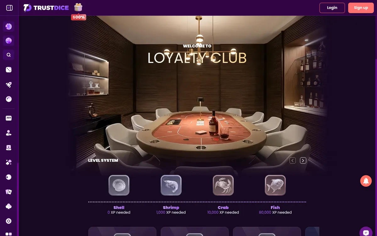 TrustDice Loyalty Club page with four tiers: Shell, Shrimp, Crab and Fish