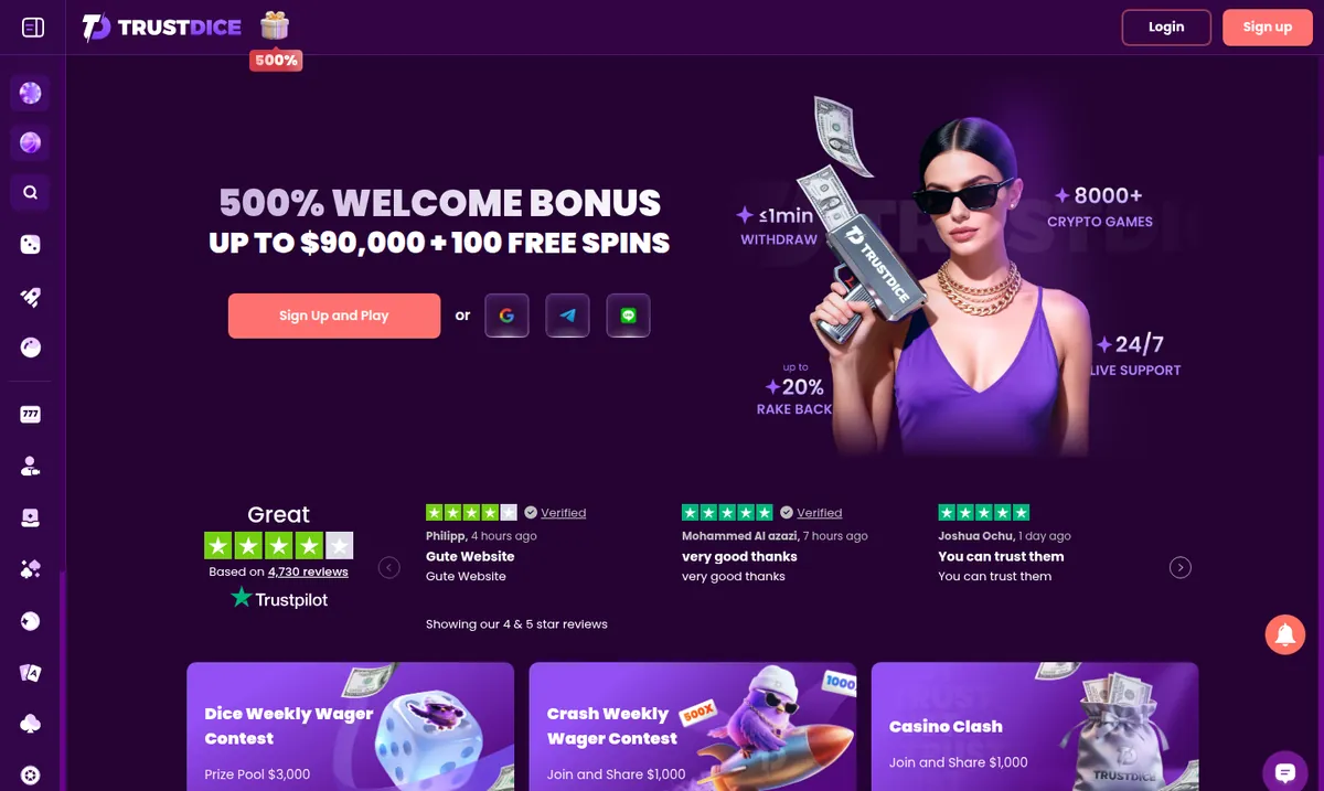 TrustDice front page with a 500% welcome bonus banner up to $90,000 plus 100 free spins and a live withdrawals ticker